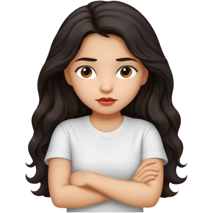 Hispanic girl dark long wavy hair crossing her arms with slight pout emoji