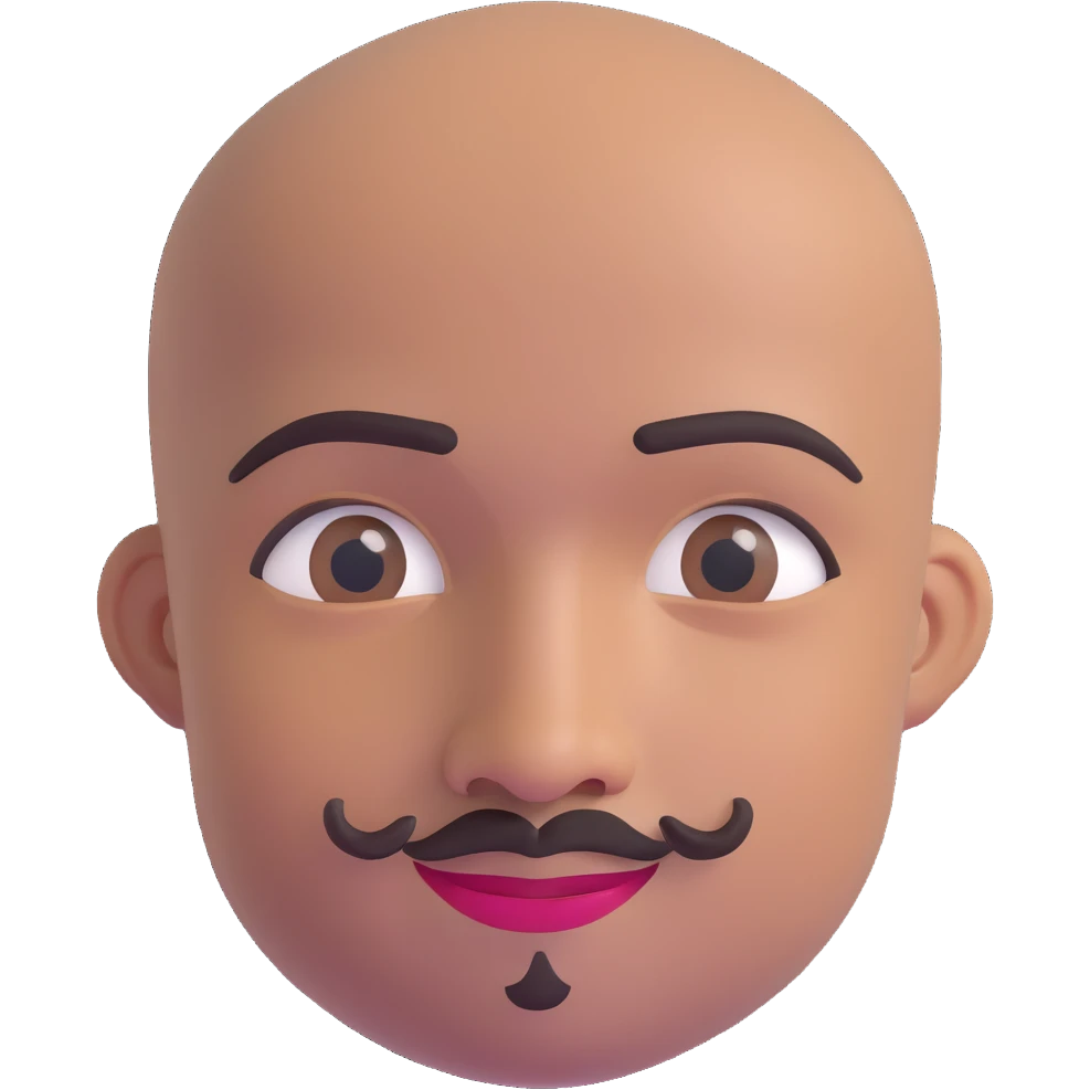 Oxumarê as a very happy smiling 37-year-old bald Black man with smooth oval head, indigenous facial features, mustache with goatee (no hair on sides of face), contour from chin to lips, and a beauty mark on left side below lip, Memoji style emoji