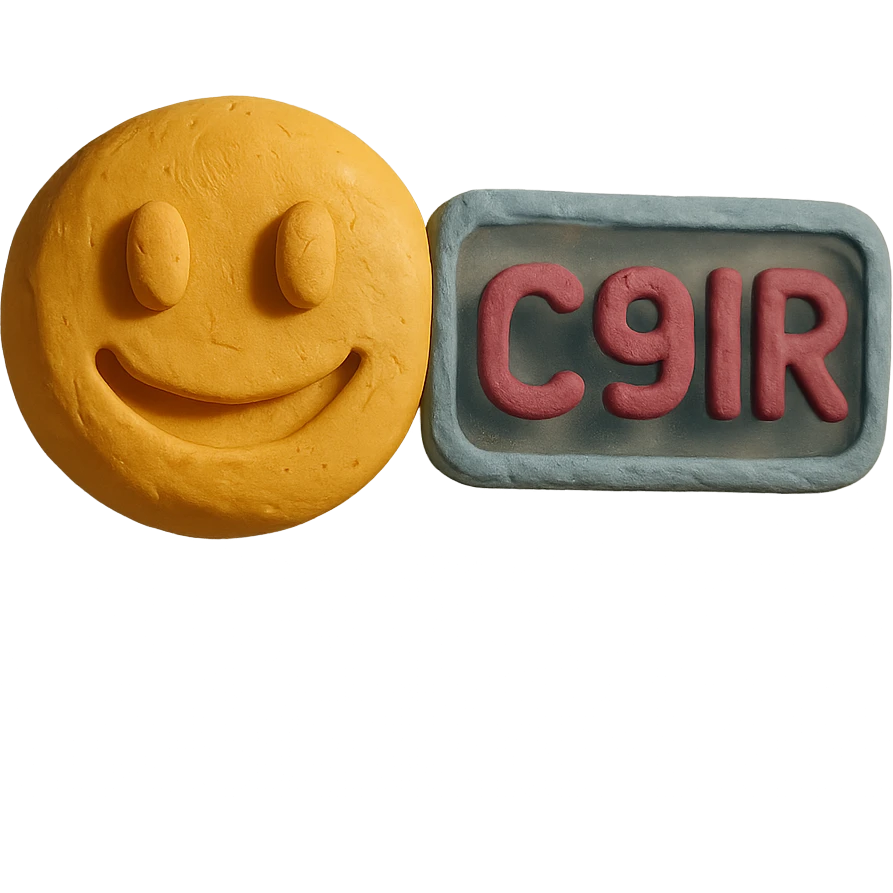 claymation style emoji with 'c9r' text, tactile playful tech badge emoji