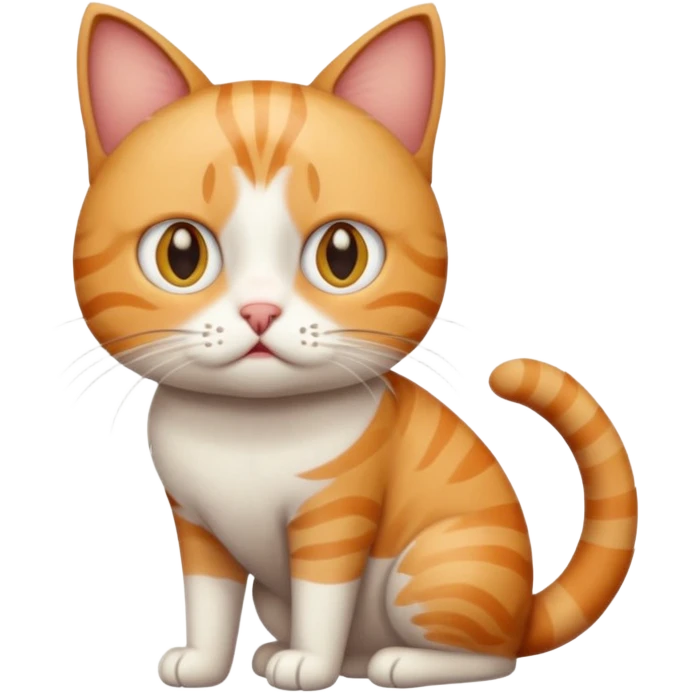 full body white, ginger and tabby cat with skinny head and fat body with an anxious face emoji