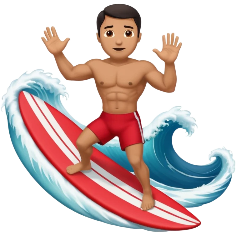50 year old, muscular, dark haired, tan, red shorts man riding a big wave emoji