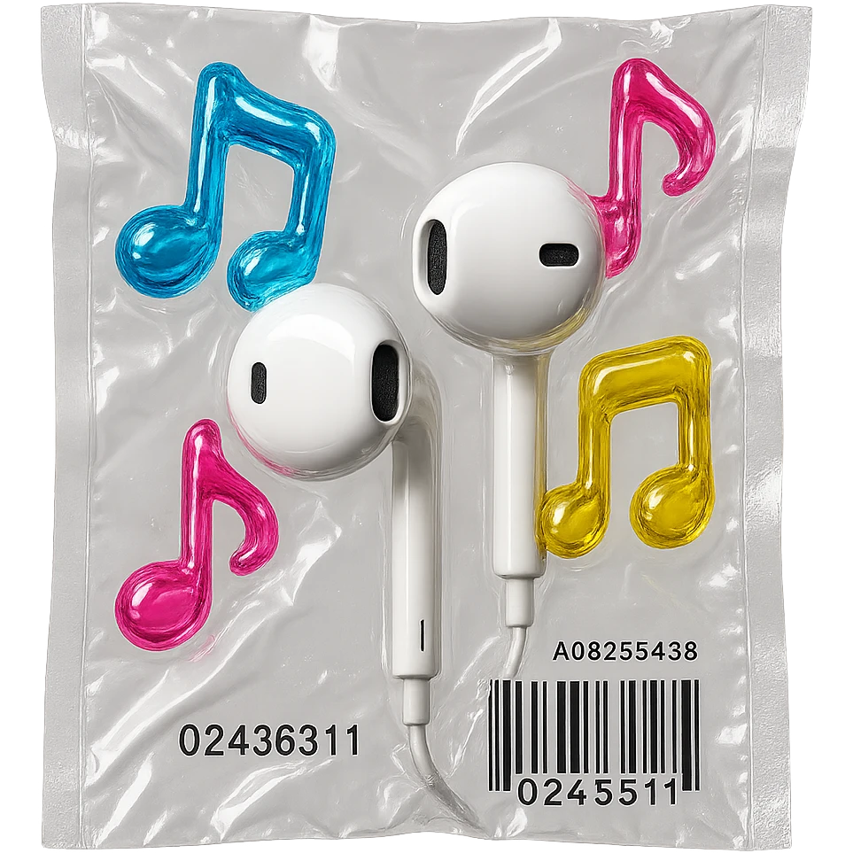 pair of white EarPods with three floating glass music notes in blue, pink, and yellow, shiny and puffy emoji