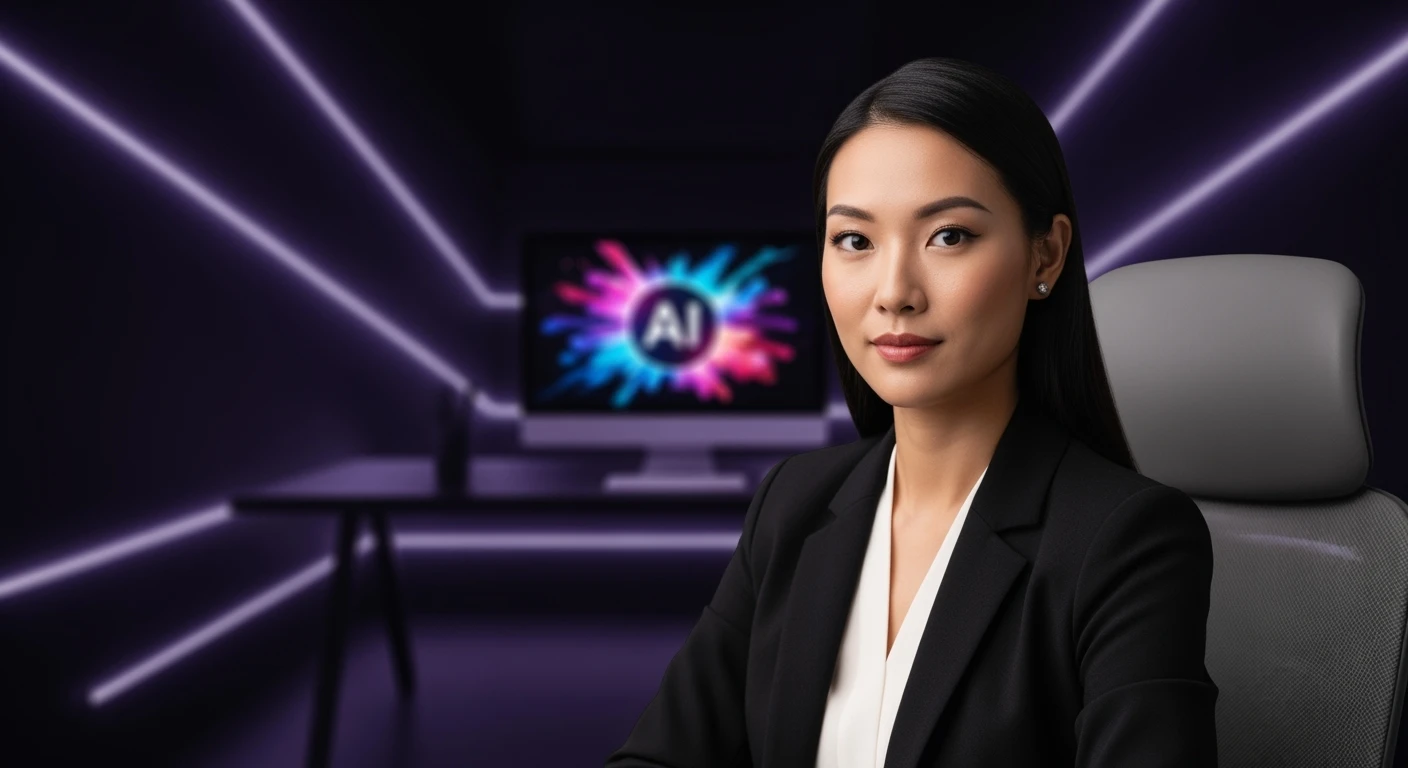 Course thumbnail, Photo of a business sitting on chair looking at camera, in background is computer with AI art on it, white softbox key light, environment is dark background but have proffesiona purple ambilight and leading lines, image feels proffesional and clean, rule od thirds emoji