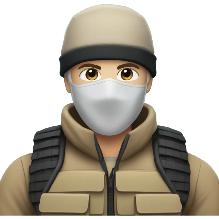 White male, face mask, tan tactical gear, combat boots, black beanie, blue eyes emoji