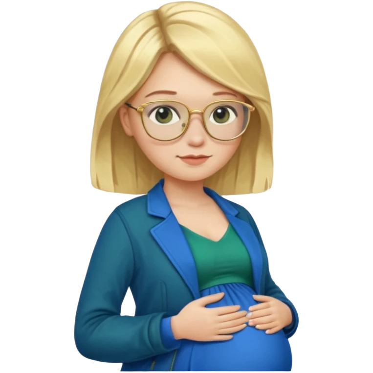 pregnant blonde 18-year old with golden glasses in a bright blue dress and a dark green jacket on top of the blue dress emoji
