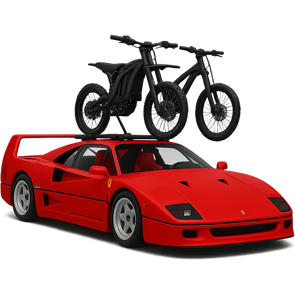 Make the two Sur-Ron electric bikes on the roof rack much smaller, to proper scale—significantly smaller than the Ferrari F40, as they would be in real life. Keep the background transparent. emoji