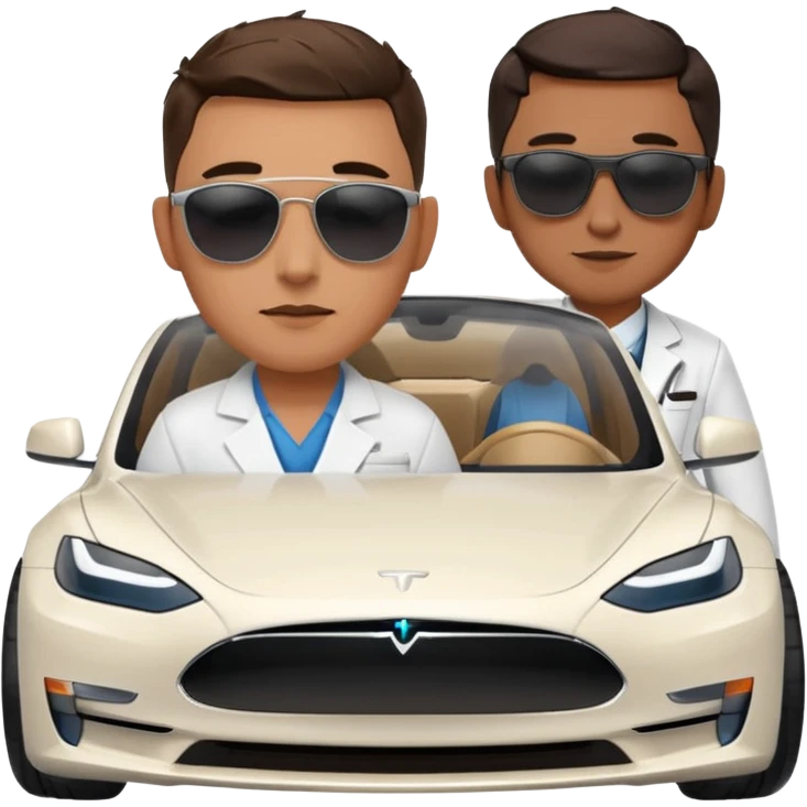 White tesla model 3 with a cool physician with sunglasses next to it emoji