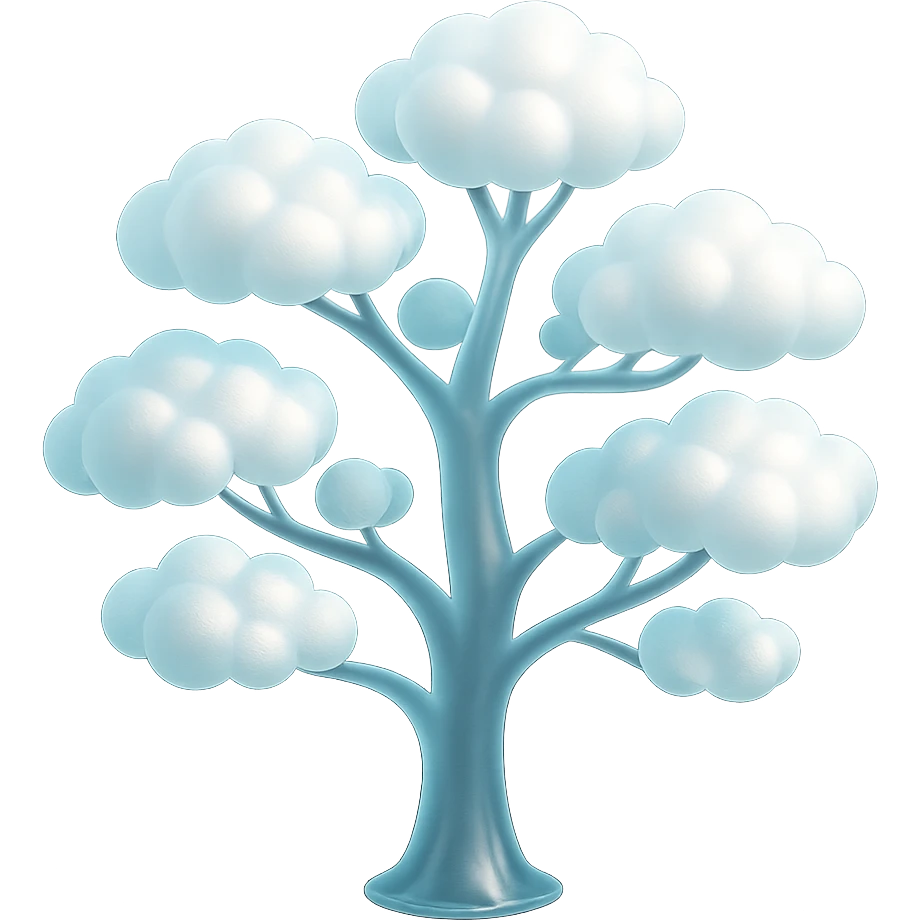 one tree with many branches and a white trunk, crown made of small very bright white fluffy convex clouds, matte glass style emoji