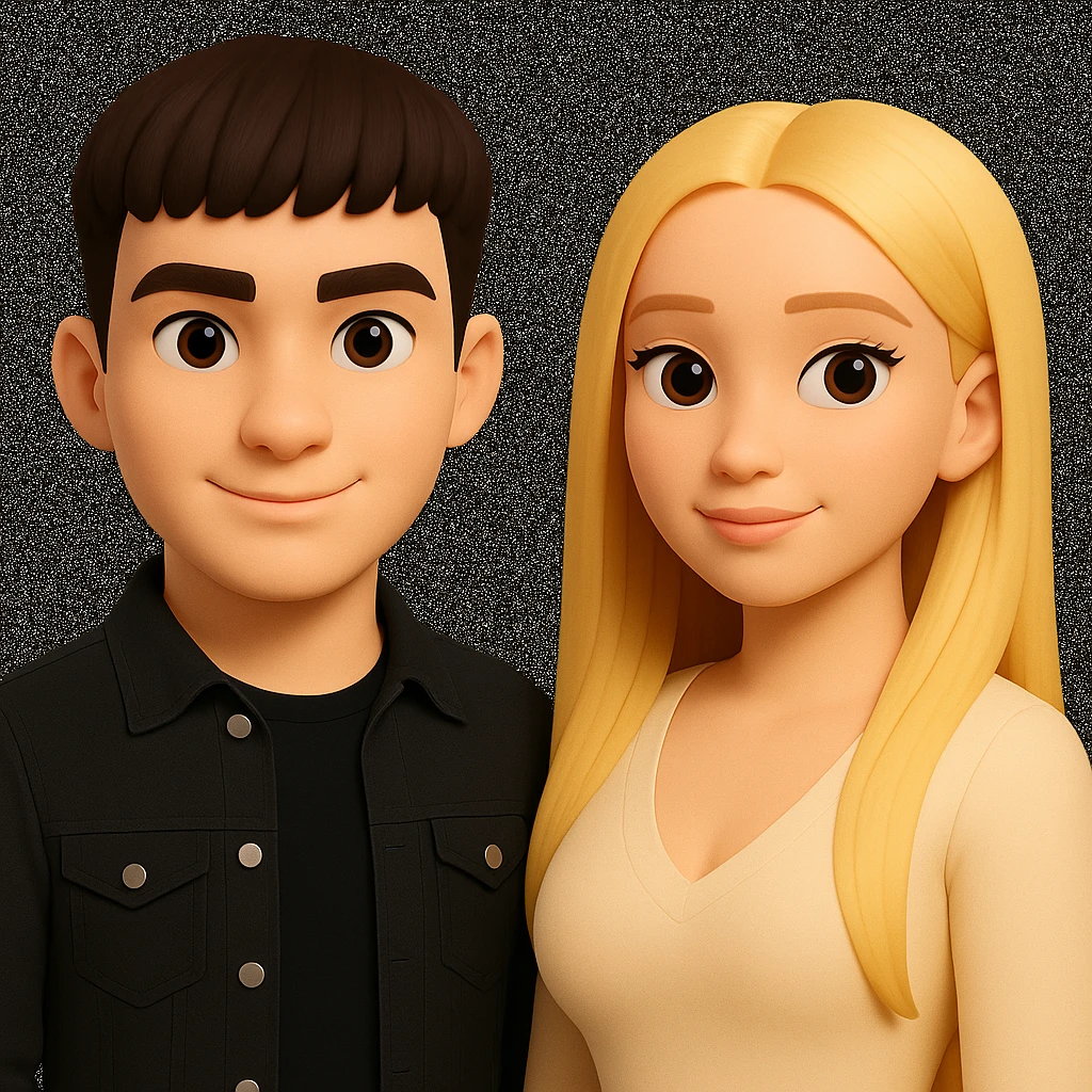 Slightly increase the volume of the upper body of the girl, spread them far apart from each other, make the skin color the same for both characters, while preserving the cartoonish 3D style as in the reference image. emoji