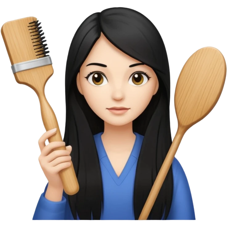 A white woman with long, straight black hair, holding a spray bottle in one hand and a wooden paddle hairbrush in the other. emoji
