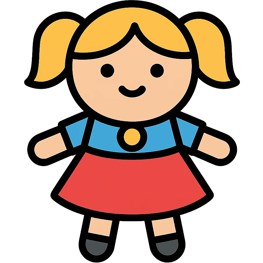 boneca, cute doll, lineal color icon with black outlines, detailed, colorful, supports text but no text included emoji