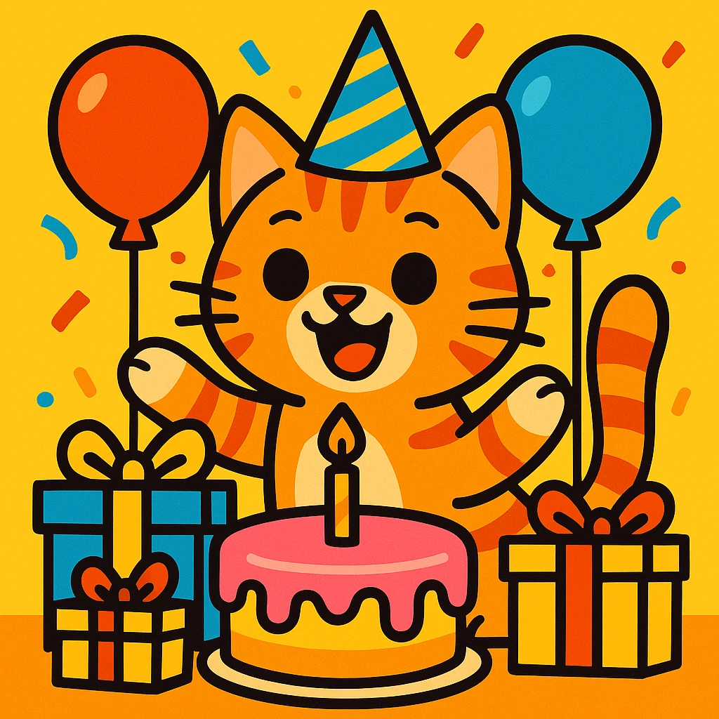 a ginger tabby kitten celebrating its birthday, wearing a birthday hat, surrounded by a birthday cake, balloons, gifts, and looking happy emoji
