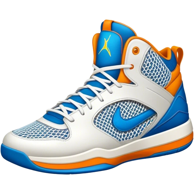 Cinematic Realistic image of a pair of basketball sneakers featuring detailed mesh and leather textures, vibrant color accents and dynamic design lines, illuminated by bold, high-energy arena lighting emoji