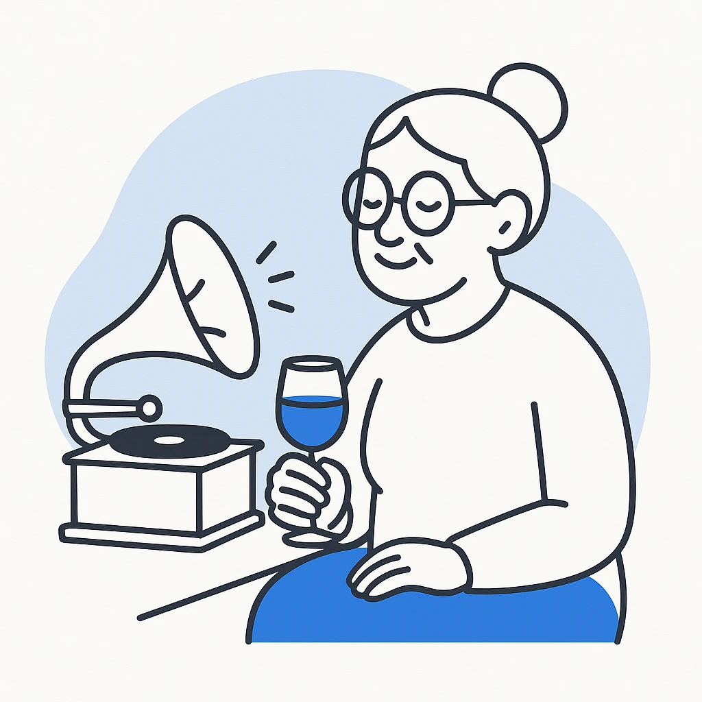 old lady with wineglass listening to gramophone emoji