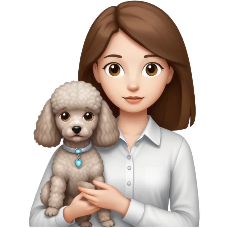 A girl with long straight hair and a white shirt is holding a small light gray poodle emoji
