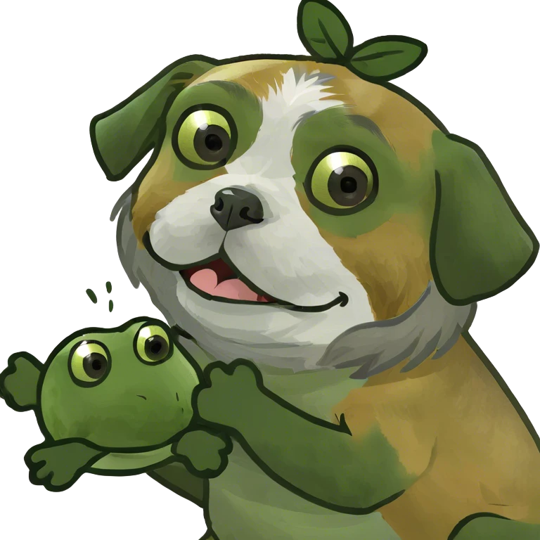 Golden shih tzu playing with frog emoji