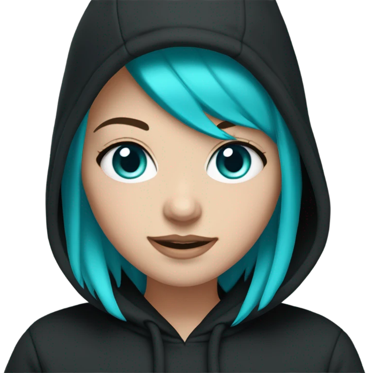 White girl, black hoodie, teal purple hair, black beanie hat, blue eyes emoji