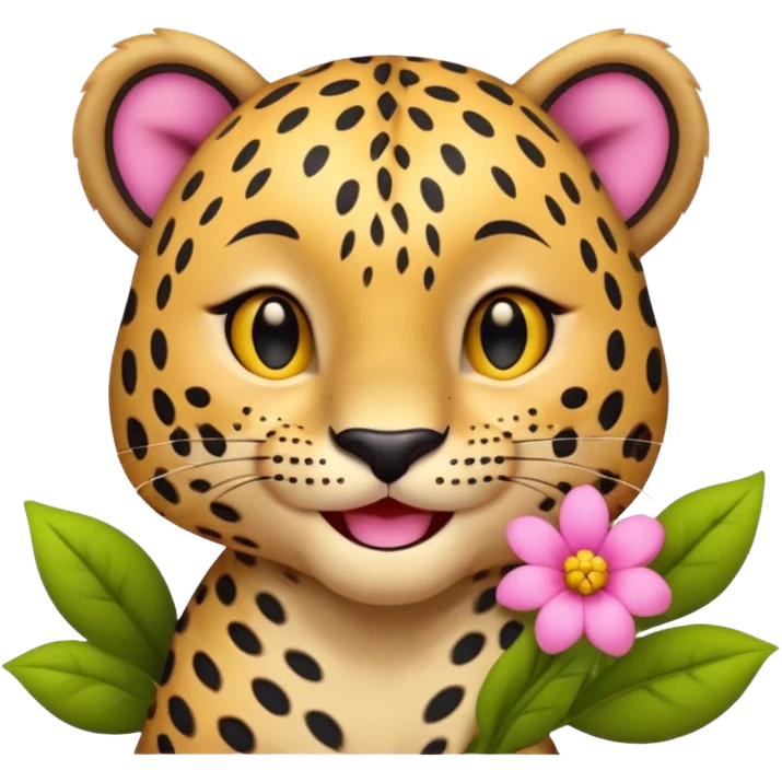 A leopard with big smile. A pink flower with a yellow center is tucked behind its right ear
 emoji