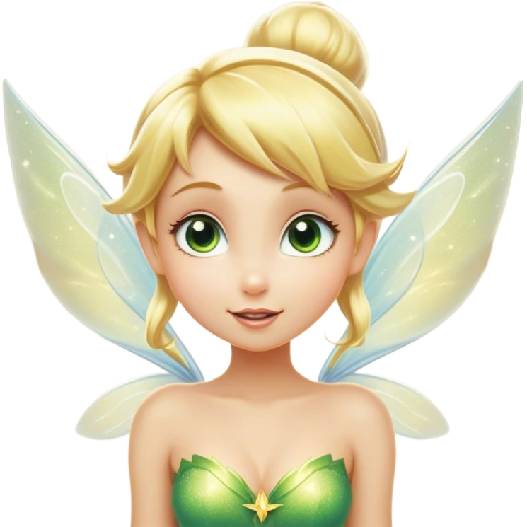 Cinematic Realistic Blonde Tinker Bell Fairy Portrait, head tilted playfully and inquisitively, showcasing a delicate pixie form with finely detailed, golden blonde hair and softly glowing, translucent wings that catch the light with a cascade of fairy dust. Her bright, curious eyes sparkle with mischief and wonder, rendered with lifelike clarity and warm, gentle lighting that captures the essence of a spirited, charming fairy ready to flutter playfully into your heart. emoji