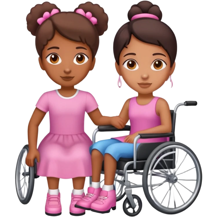 One tan skin sister standing behind her brown skin sister in a pink wheelchair emoji