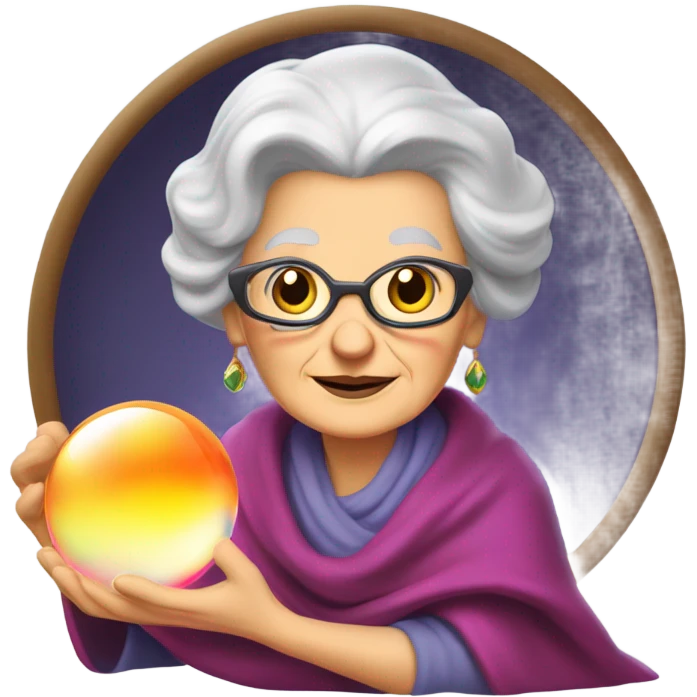 Wise Old Lady Fortune teller with crystal ball looking into the camera smiling emoji