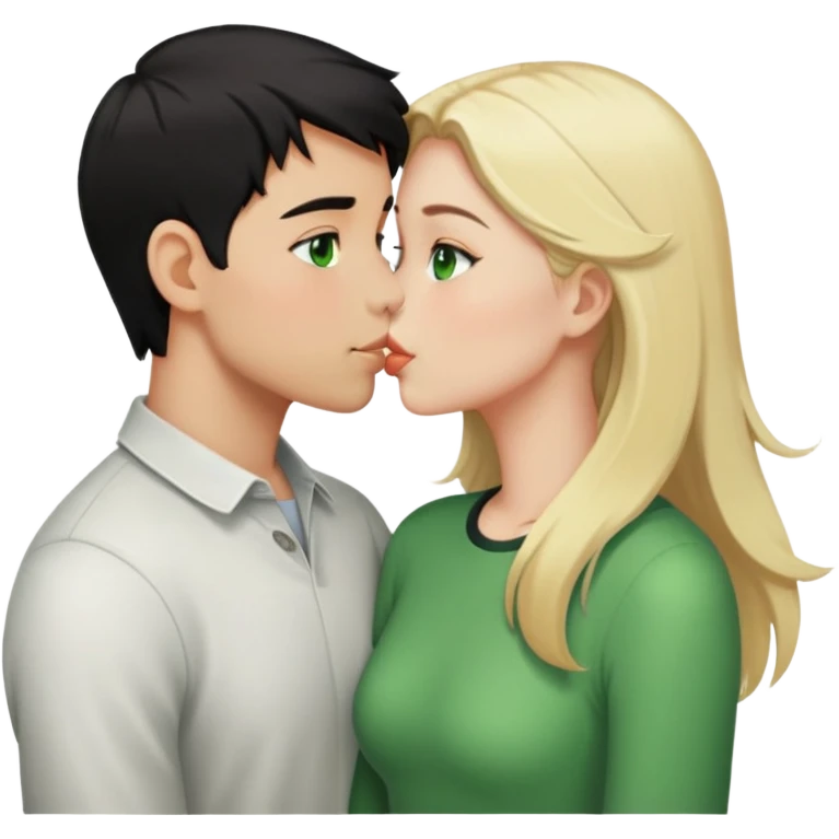 Kissing couple of boy with short black hair and green eyes and blonde girl with long hair emoji