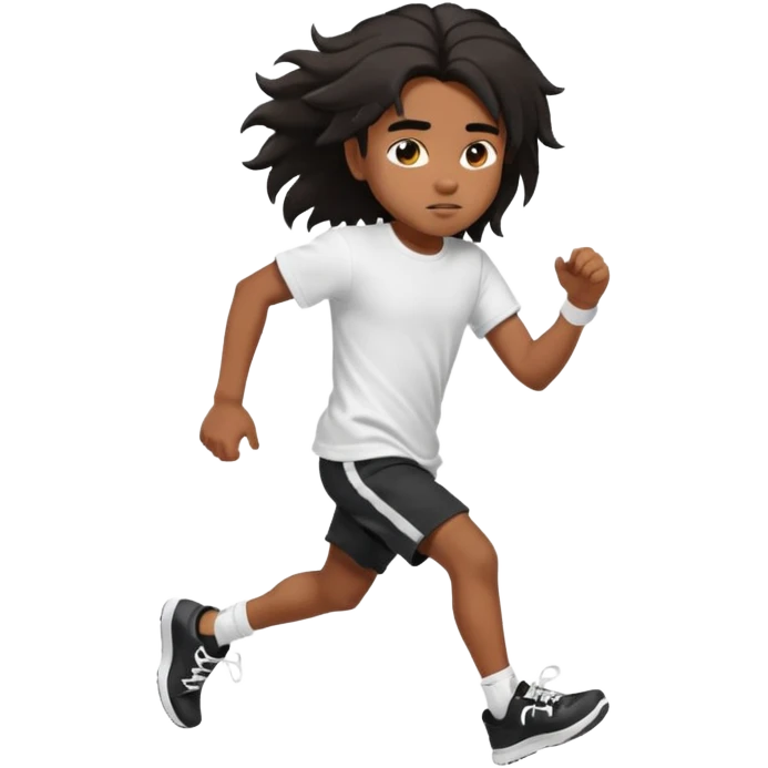 generate a pretty bratz brown skinned boy with black messy long hair wearing a white tshirt and black running shorts. running on the street with white sneakers emoji