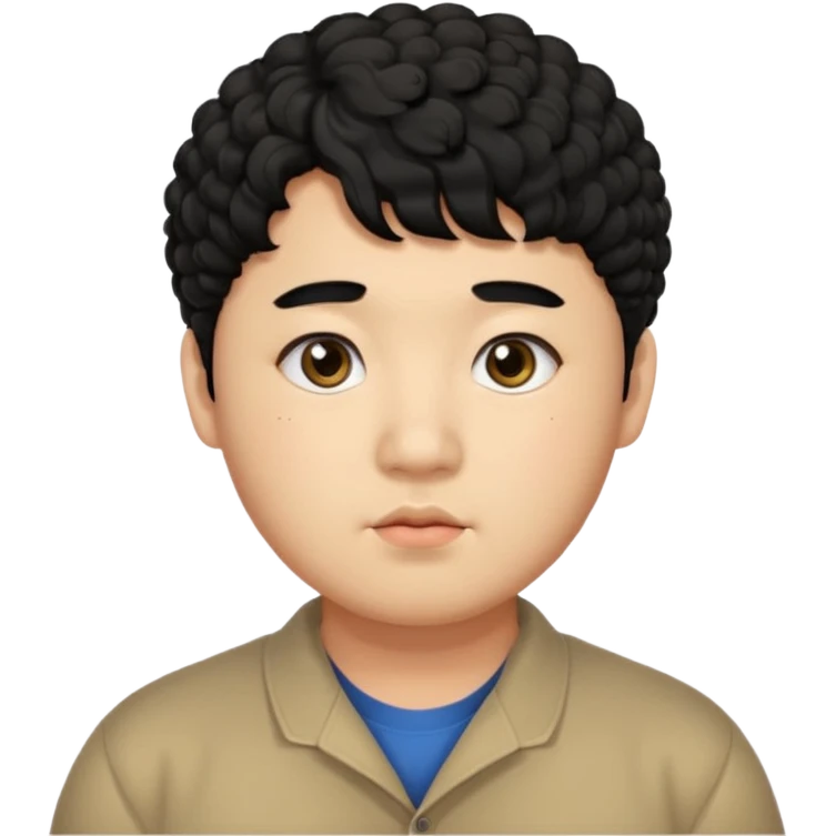 a Korean man in 20s with a curly hair and bangs, chubby cheeks, big monolid eyes , dark eyebrow, emoji