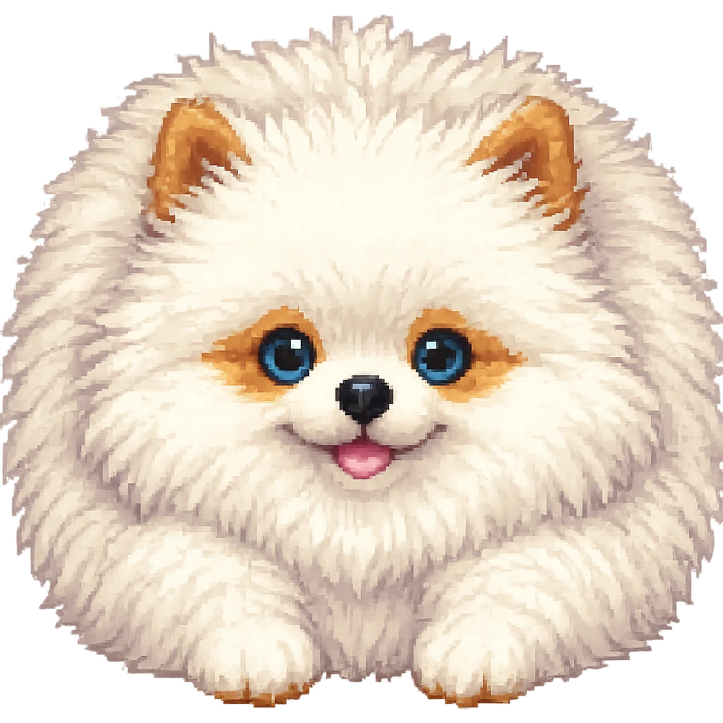 Make the white Pomeranian much fluffier and cuter in pixel art style, with no background. Preserve the pixel art aesthetic and enhance fluffiness and cuteness. emoji