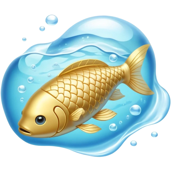 Golden capsule floating in a soft blue liquid current, with a translucent fish swimming around a luminous suspended brain. Small waves of light emanating from the brain as if expanding calm, focus and mental fluidity. Ethereal appearance with flowing elements. emoji