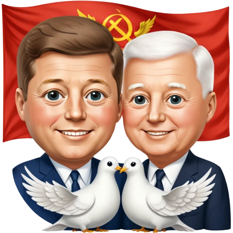 John F. Kennedy and Mikhail Gorbachev side by side, smiling, friendly diplomatic atmosphere, small peace symbol and doves, US and USSR flags as accents emoji