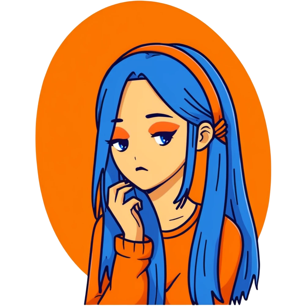 Beautiful woman, long straight blue hair, fully made up, sad emoji