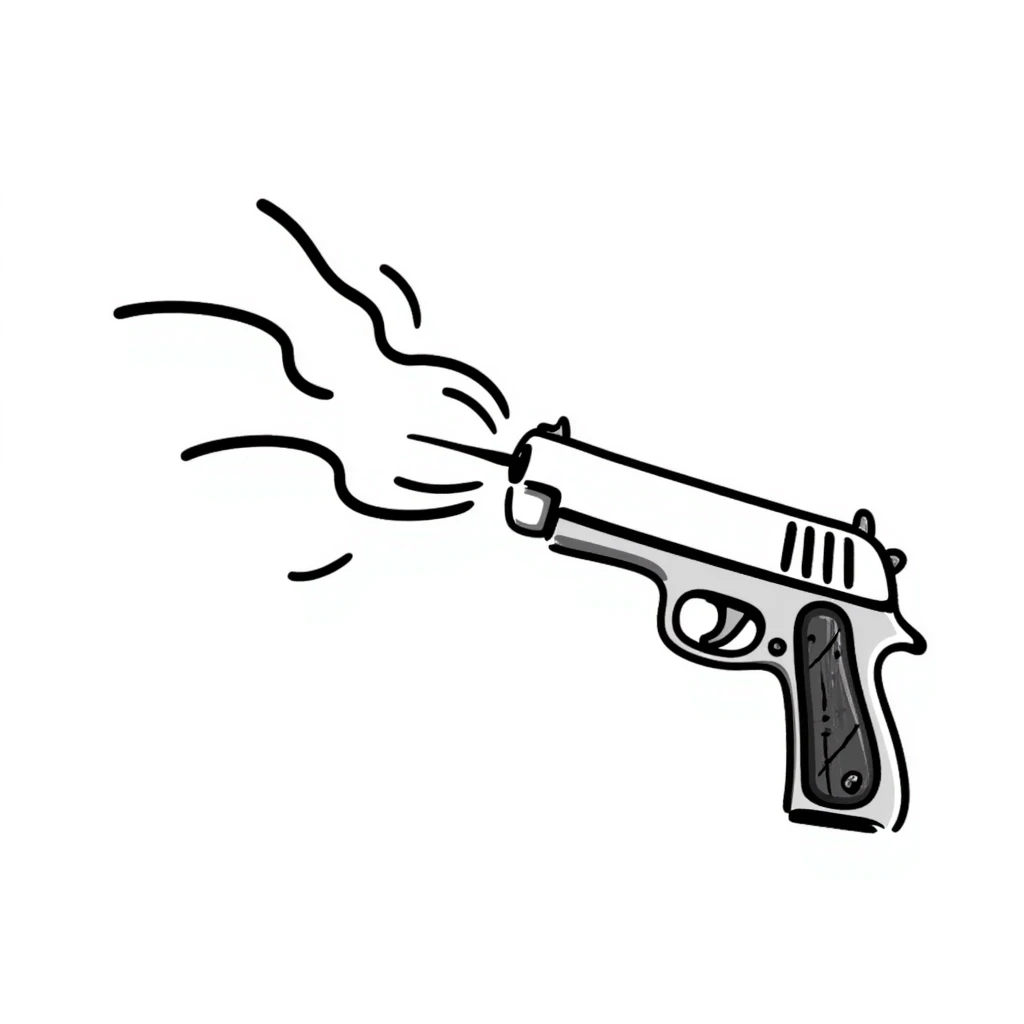 Hand-drawn gun firing with action lines and smoke emoji