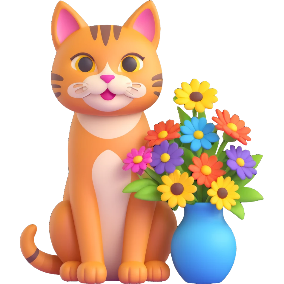 A 3D cheerful cat sitting next to a vase filled with colorful flowers, with the text "Have a Beautiful Day" in the style of the reference image. The image should convey happiness and positivity. emoji