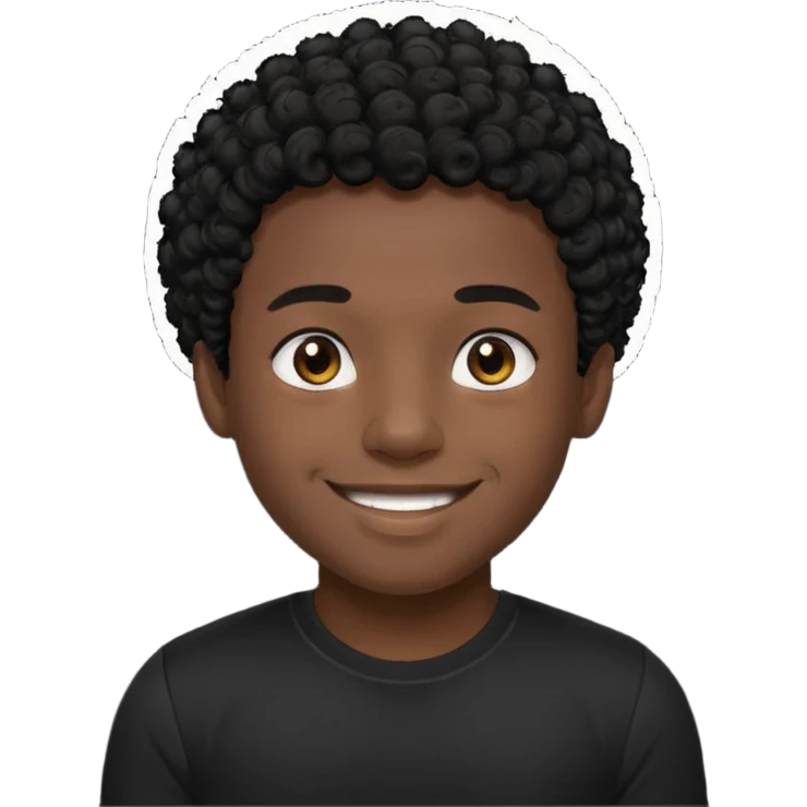 Generate a emoji of a black boy with dark skin, wearing a black compressed T-shirt, with short and very curly black hair emoji