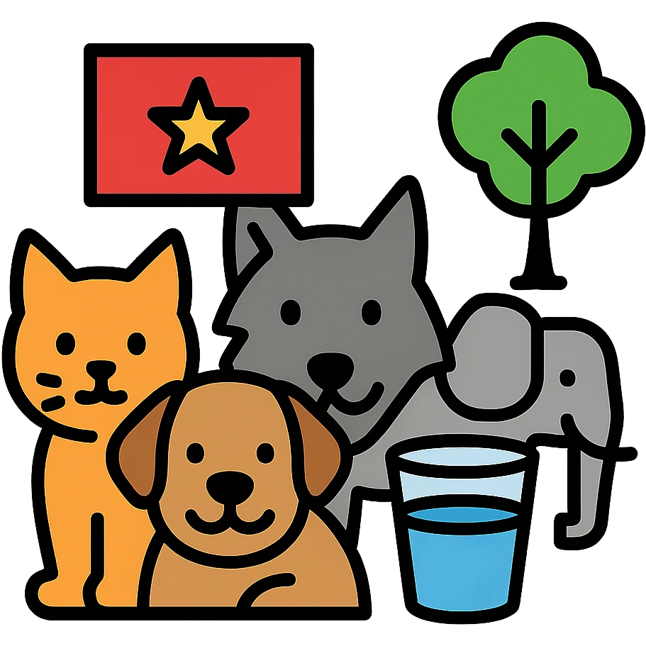 cat, dog, wolf, Vietnam flag, tree, elephant, and a glass all together in lineal color icon with black outlines style emoji