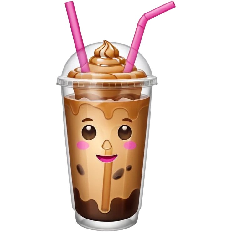 caramel iced coffee in clear cup with pink straw emoji