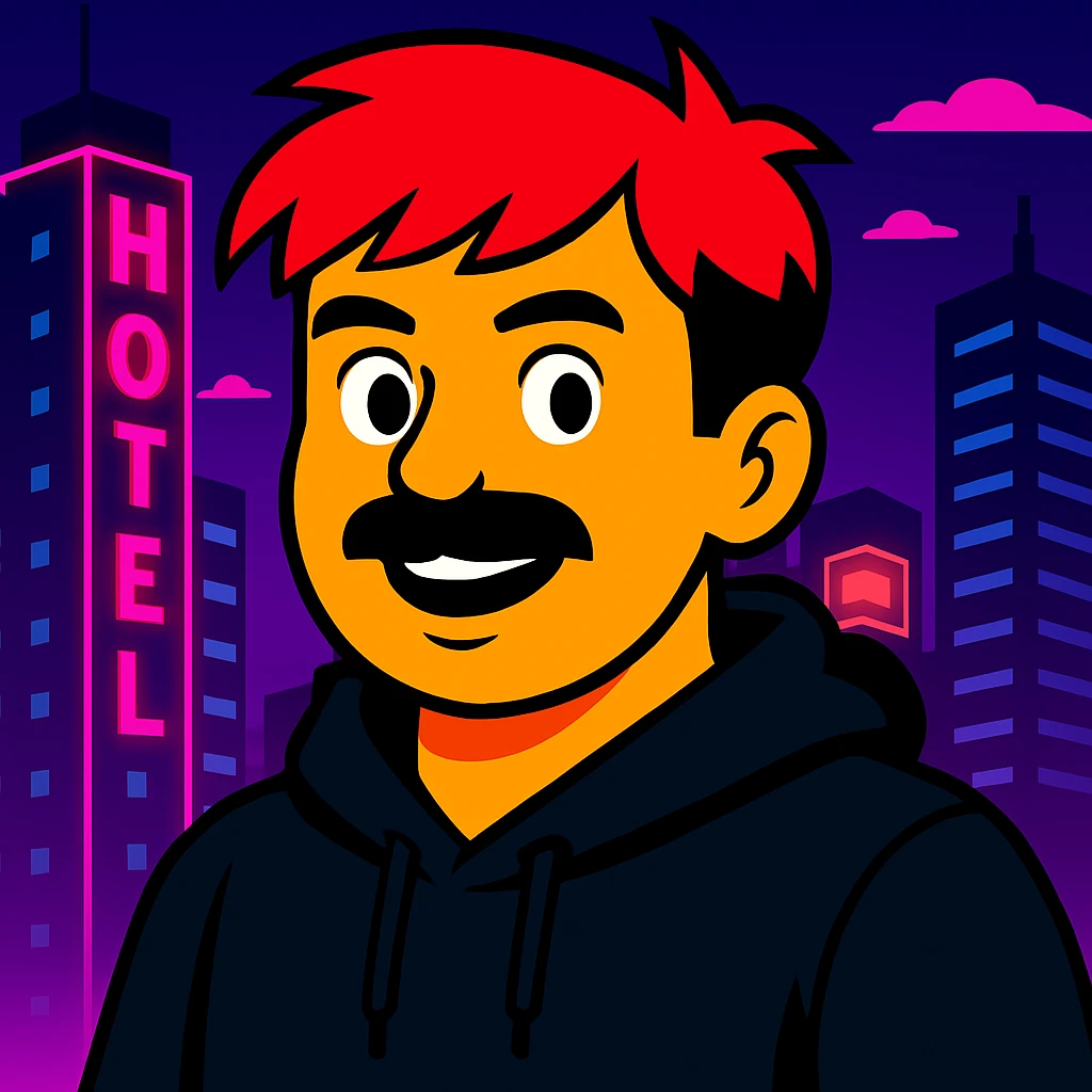 Make the face slightly less round, reduce the mustache a bit, and add a black hoodie. Keep the vibrant toon style, neon city background, and all original colors and lighting. emoji
