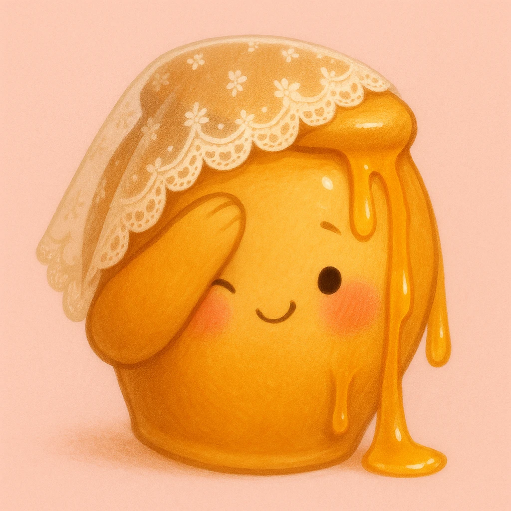 shy honeypot peeking from behind its arm, lace veil, rosy cheeks, gentle smile, honey drips gently, blush pink background emoji