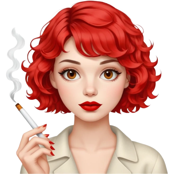 Alluring French girl french wavy textured bob haircut tousled hair red lips and cigarette emoji