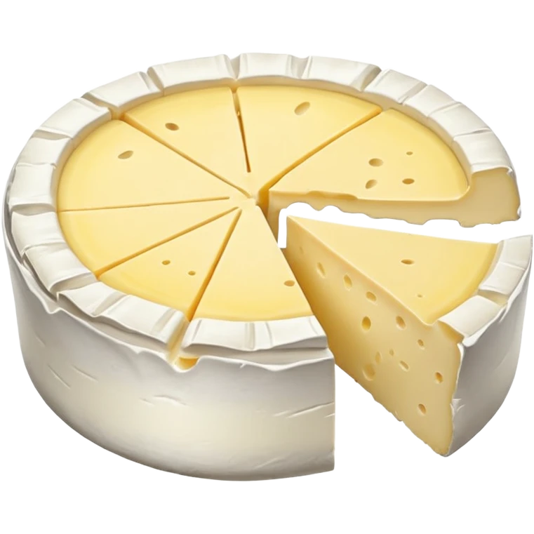 camembert cheese small round wheel, white bloomy rind, creamy pale yellow interior, one wedge removed showing soft oozing center, smooth rich texture, wrinkled rind, no board or extras, soft lighting, subtle shadows, emoji scale emoji
