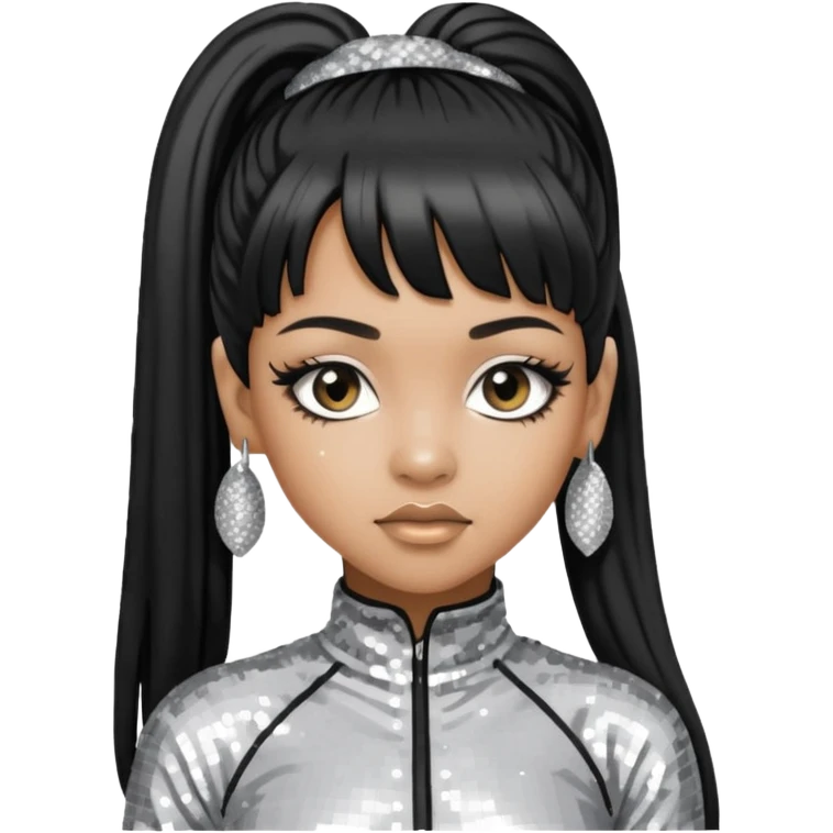 Left Eye from TLC with long black ponytail hair, silver sequin outfit emoji