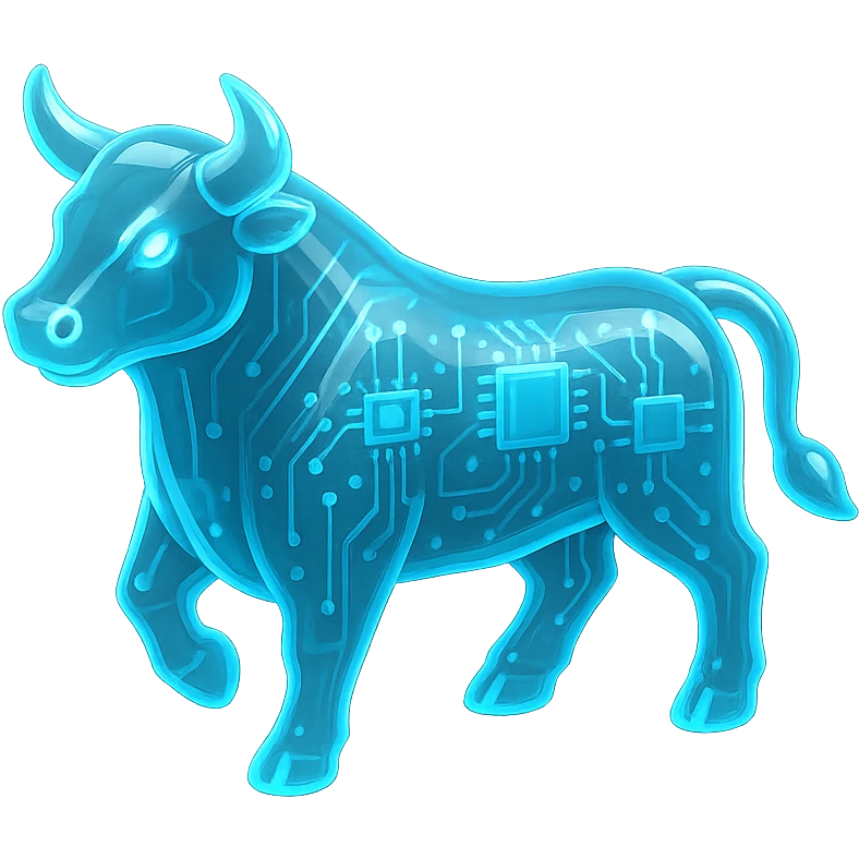digital bull icon, blue LED glow, modern tech look, transparent background emoji