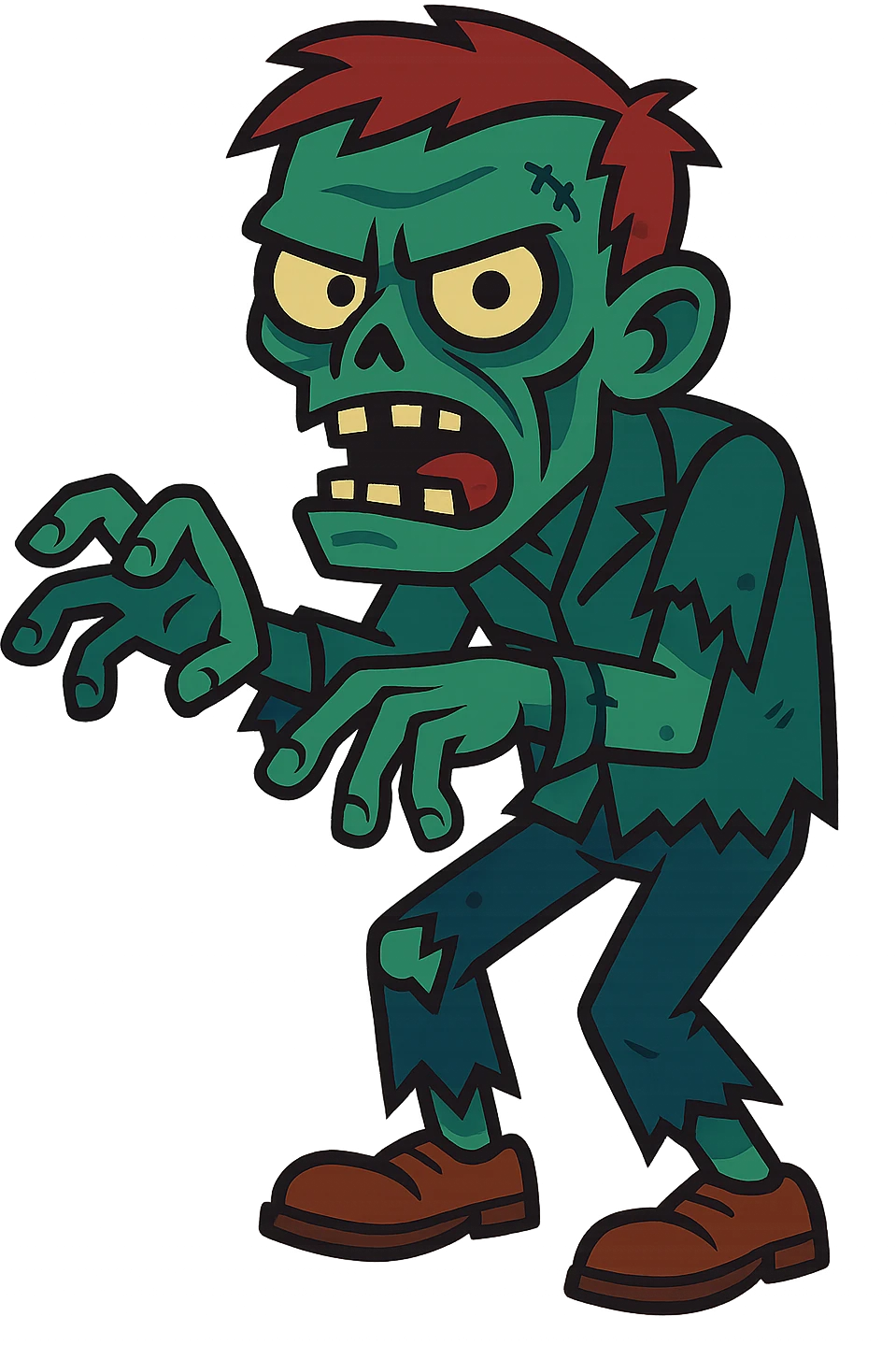 homem zumbi, estilo cartoon assustador, pele esverdeada, olhos fundos, roupas rasgadas, expressão ameaçadora emoji