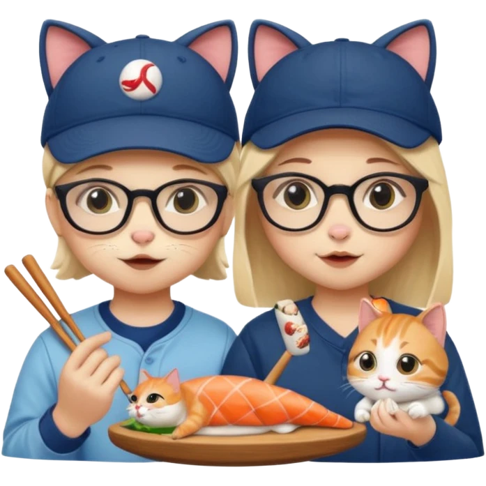 cute girl cat wearing glasses and a cute boy cat wearing a baseball cap eating sushi together emoji
