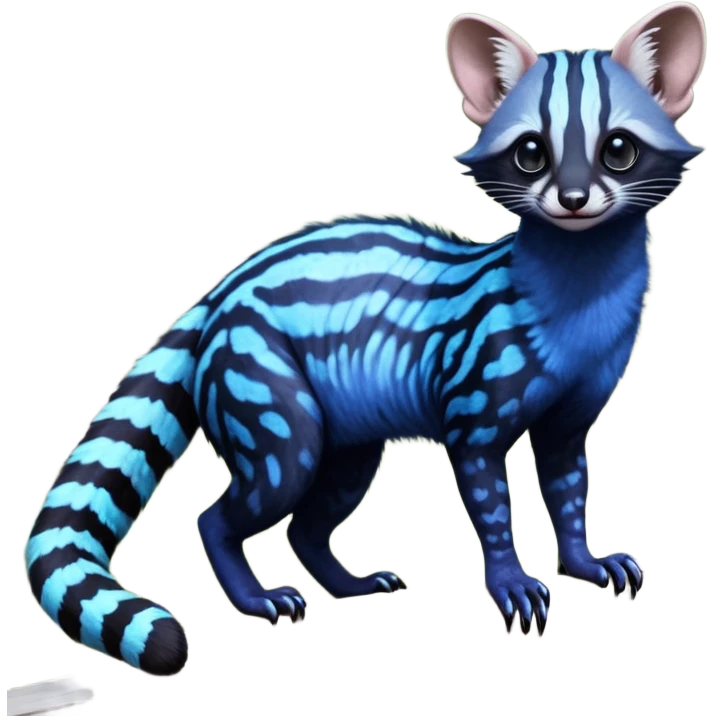Feral Rare Fantasy iridescent scaly evil spooky vibrant dark shady shaded detailed deep-dark-cobalt-blue-gradients-colored colorful Genet-Trico-Civet-Cacomistle-Margay-species by LiLaiRa, with dark-blackish points, white belly, random markings, tufted tail, tufted ears, full body emoji