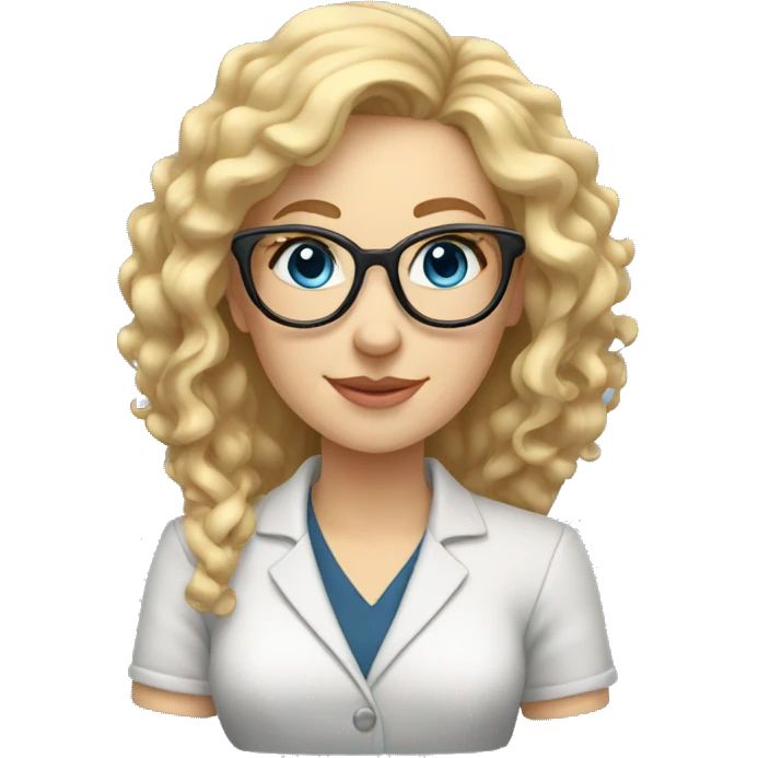 Woman teacher blonde long curly hair glasses blue eyes holding a tiny bridge structure emoji
