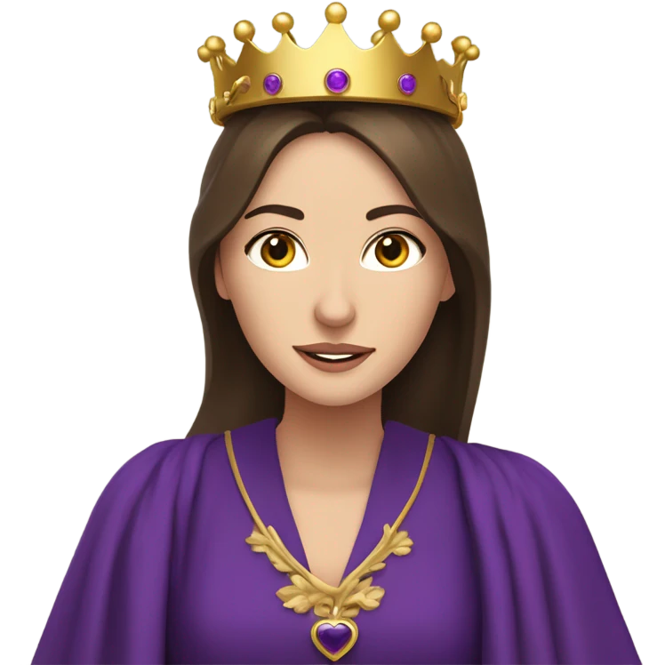 Caucasian long brunette woman wearing formal royal purple robes and a crown whose face shows loave and adoration to the man she adores  emoji