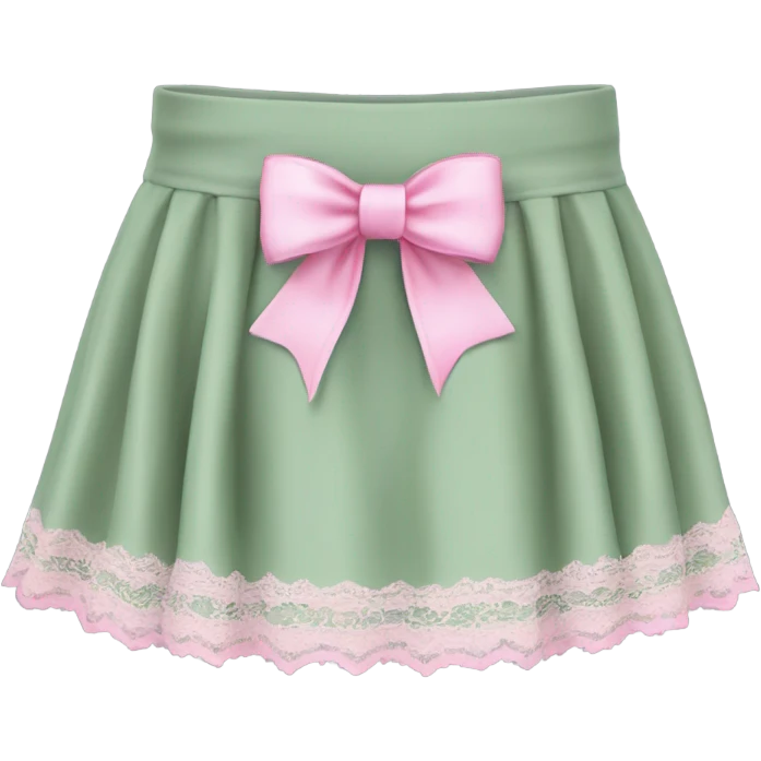 Sage green a-line mini skirt with pink lace and bows, isolated emoji