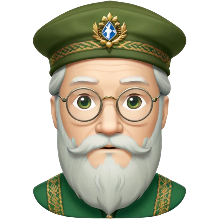 Dumbledore wear green scotland Tam o'shanter cap with decorative patterns, wear glasses, very long beard emoji